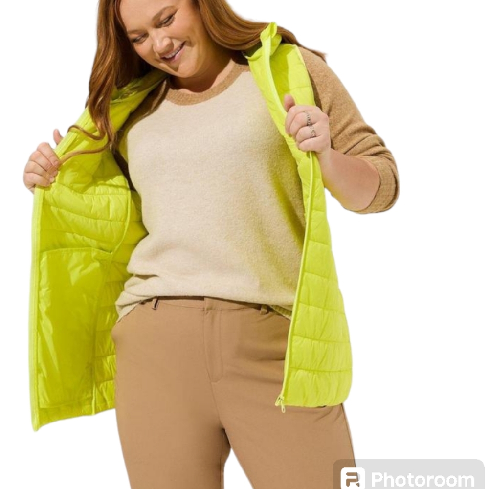 Torrid Sulphur Yellow Green Light Packable Puffer Hoodie Vest 5X NWT
